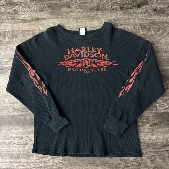 Harley-Davidson Other - Vintage Harley Davidson Thermal Shirt Flame Fire Sleeve Graphic Knit Tee Biker